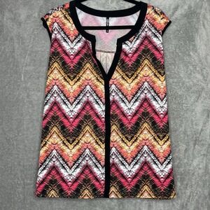 Forever Jade 3X Shirt Top Pink Yellow Chevron Striped Sleeveless V Neck Stretch